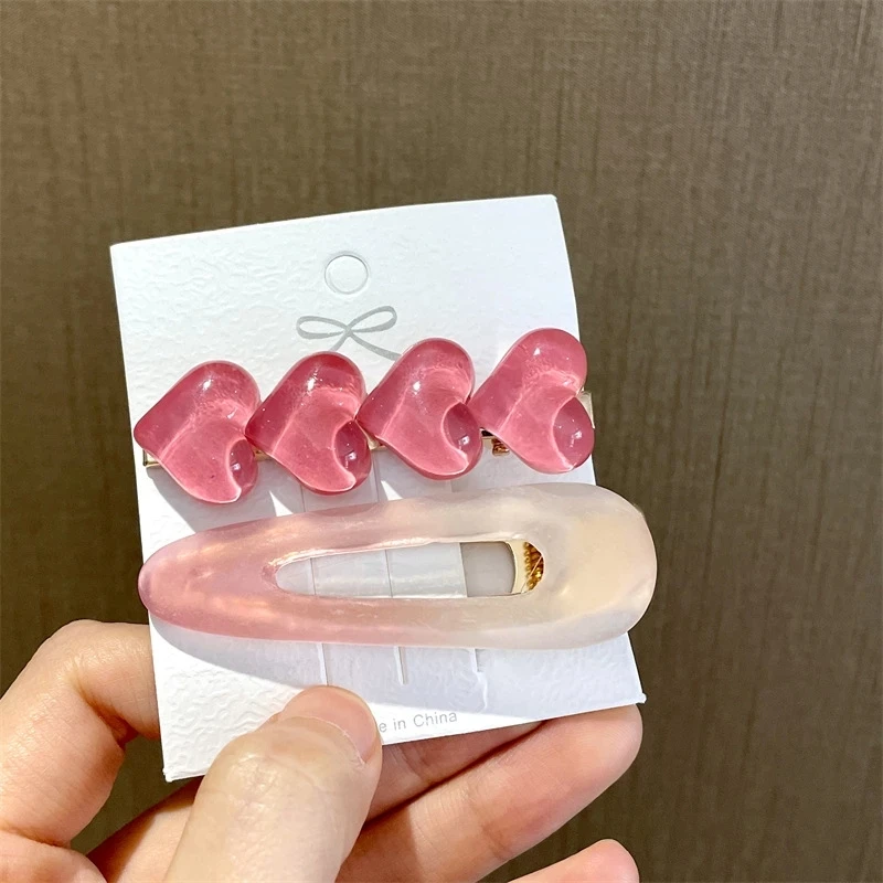 2Pcs/Lot Fashion Pink Gradient Love Heart Jelly Duckbill Clip Set For Girl Hairclip Side Clip Barrettes Women Hair Accessory