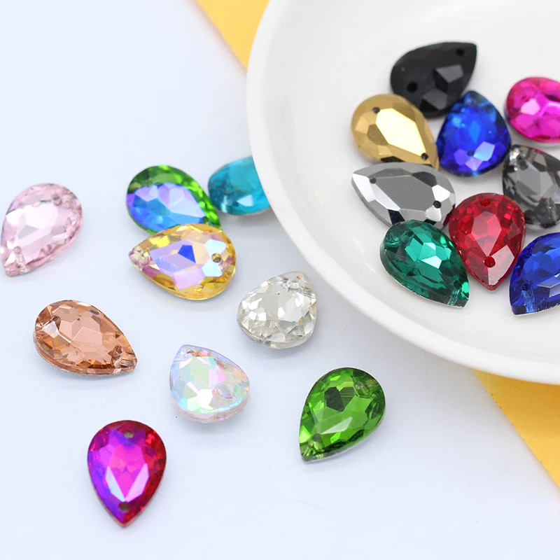 12p 20x30mm Color Teardrop Crystal Sew On Diamante Rhinestone Pointback Glass Sewing Big Gemstone button Jewellery Wedding Dress