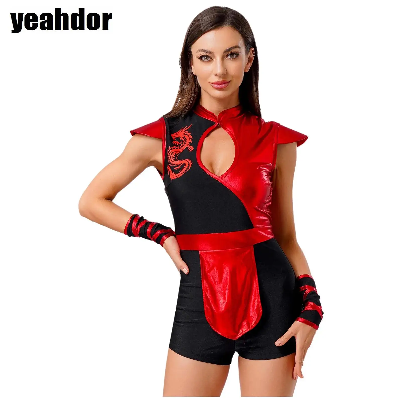 

Women Kung Fu Cosplay Costume Halloween Dragon Print Pattern Jumpsuit Metallic Shiny Fly Sleeve Bodysuit Romper with Arm Warmers