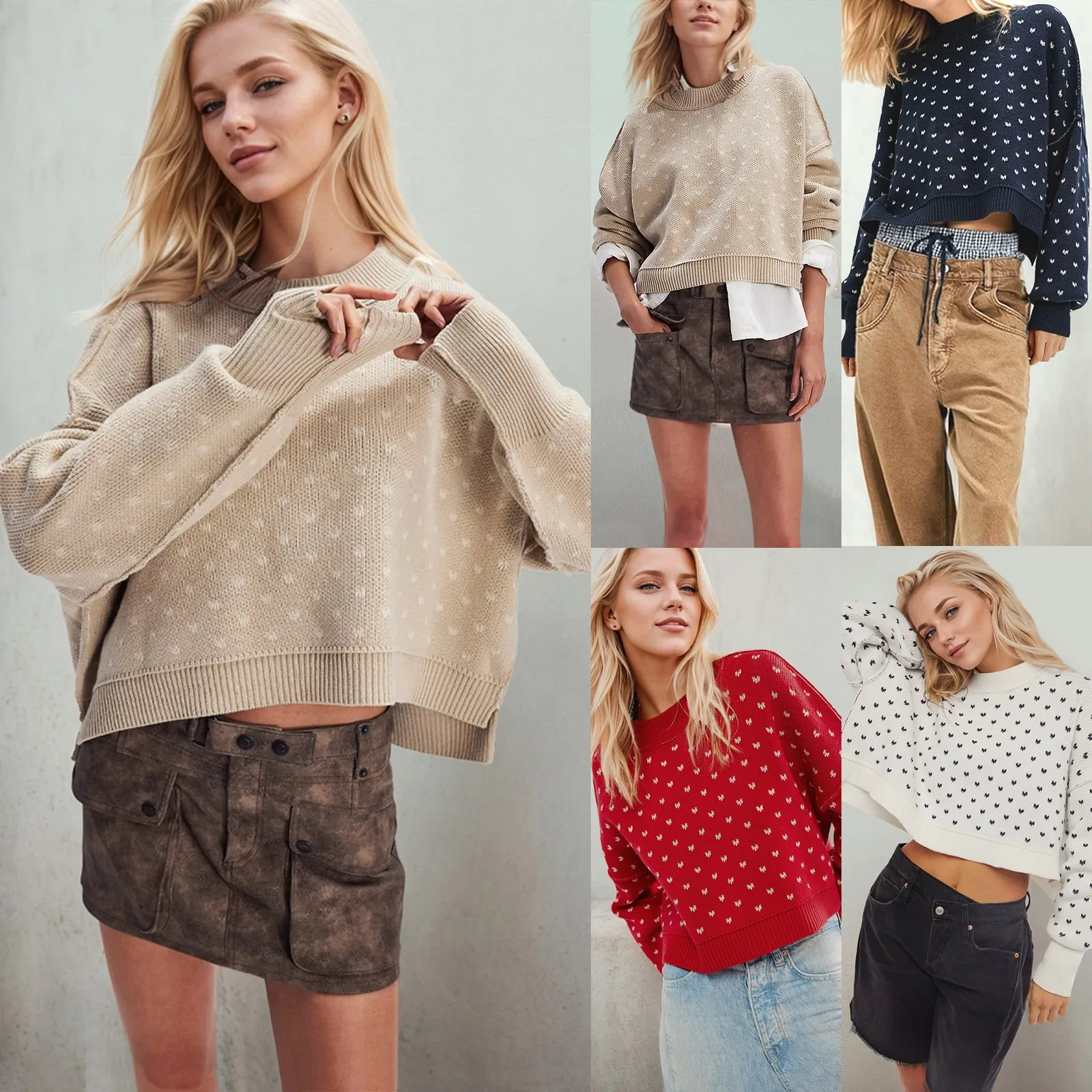 Suéter de punto de tendencia urbana, Top holgado y versátil para uso diario, jersey de cuello redondo cómodo a la moda para mujer, manga larga con patrón de corazón