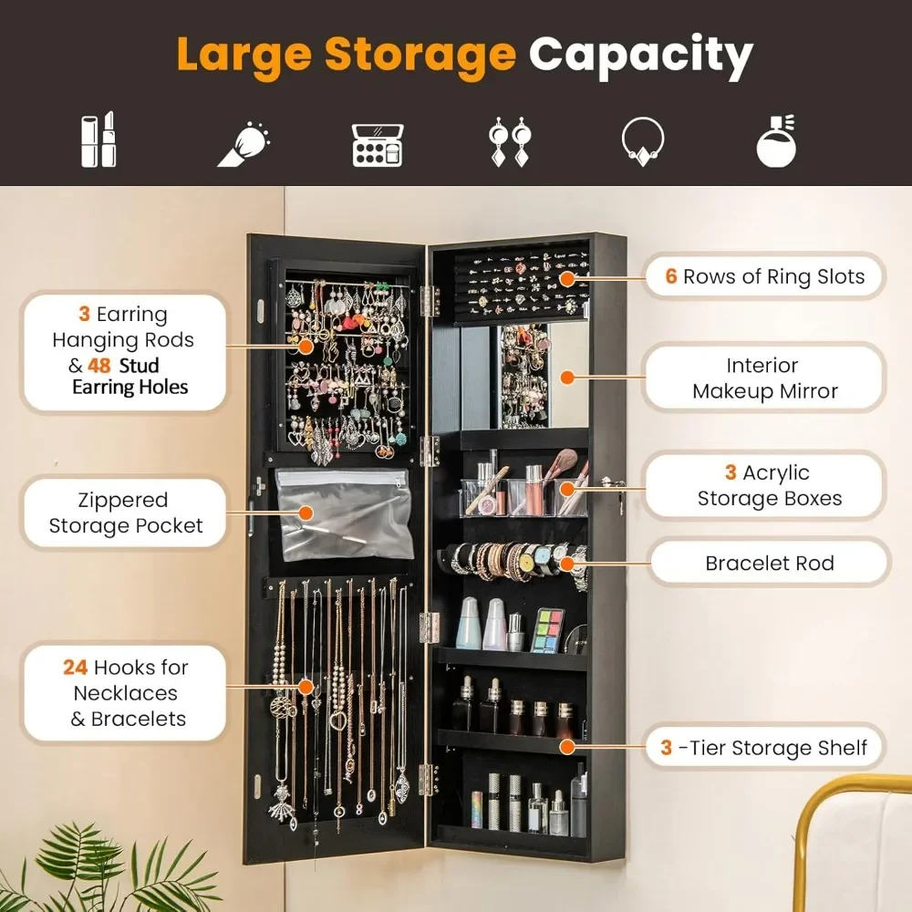 Cabinet Armoire Door Wall Mount, Lockable Touch Screen Lighted Full Length Mirror, 3 Lighting Settings, Inside Makeup Mirror