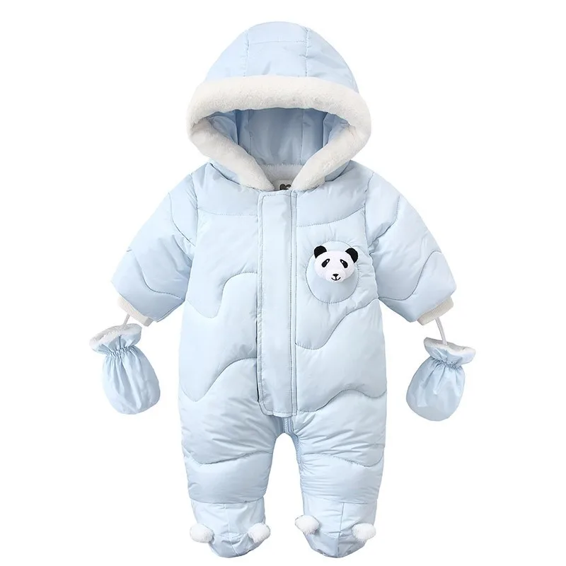 UNIFEMEN Infant Girls Winter Bodysuit Panda Patched Hooded Solid Plus Velvet Thickened Parkas For Newborn Boy Baby Girls Outfits