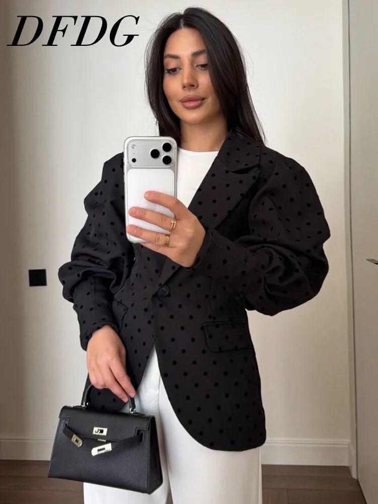 

DFDG Women's Spring Summer Lapel Polka Dot Puff Sleeve Fitted Blazer Casual Streetwear 2026 Trendy Feminine Fashion Blazer