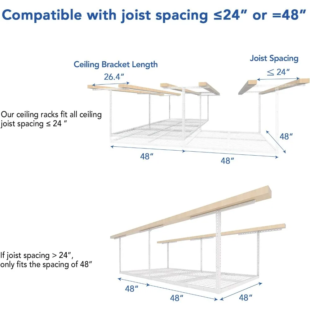 4x8 Overhead Garage Storage Rack w/Hooks Adjustable Ceiling Storage Racks, 96 Length x 48 Width x 40 Height, 22''-40