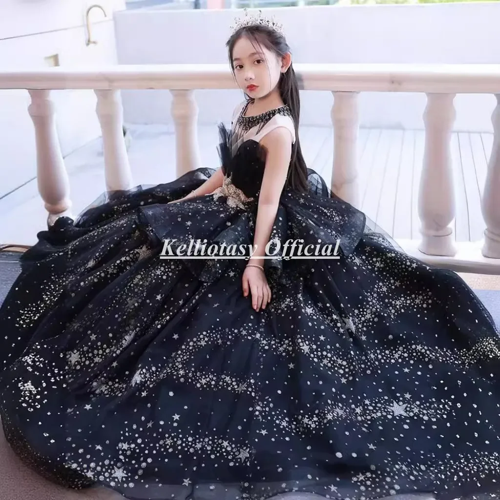 

Customized Flower Girl Dress Black Lace Elegant Little Girls Occasion Party Dresses For Performance Or Dance LZ010