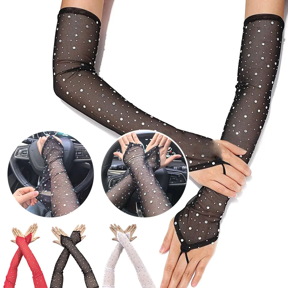 1 Pair Shiny Rhinestone Mesh Gloves Hook Middle Finger Breathable Fingerless Gloves Elasticity Sunscreen Arm Sleeves Women