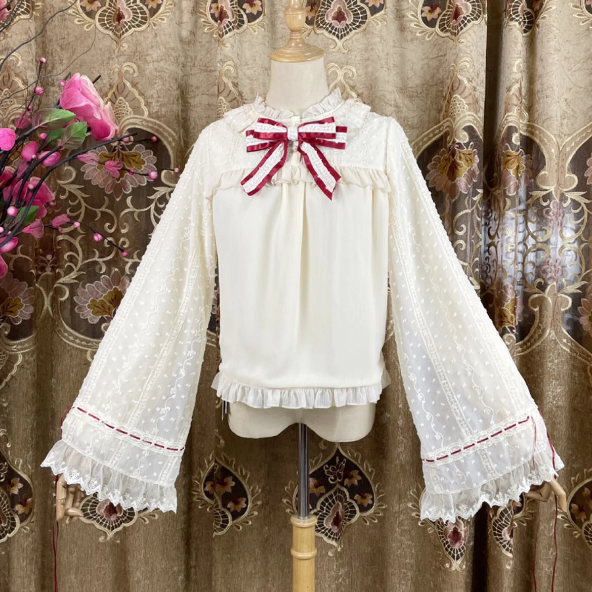 2025 New Lolita Double Long Sleeve Cute Bow Chiffon Shirt Girl Spring Summer Chinese Flare Sleeve Lace-up Sweet Versatile Blouse