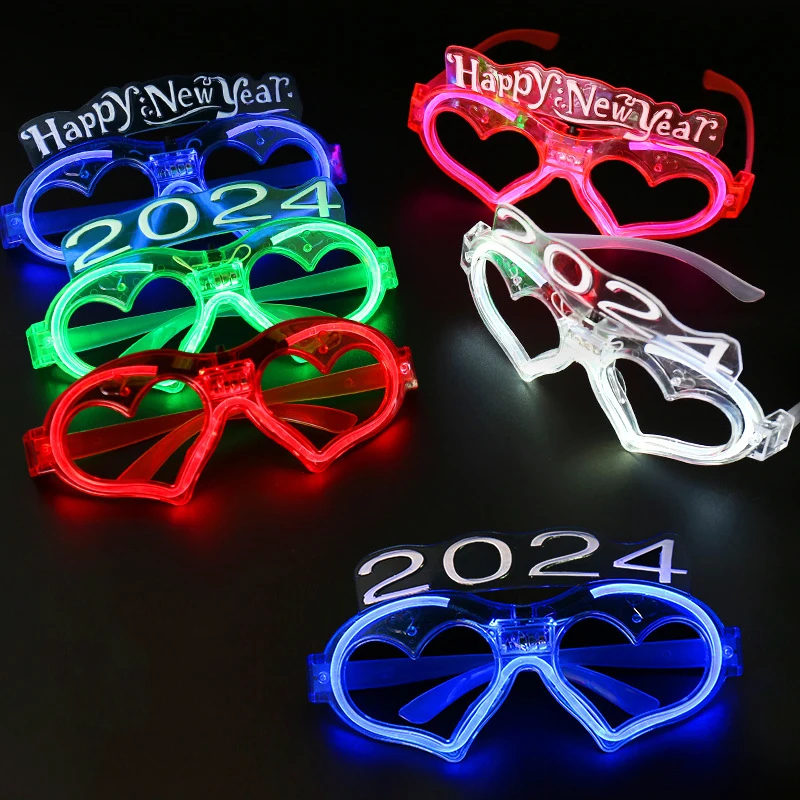 2024 New LED Light-emitting Loving Glasses Happy New Year Party Flash Glasses Toys Dress Up Props Multiple Styles Available