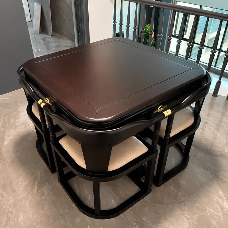 Automatic Mahjong Table Electric Silent Dual Purpose Dining Table Solid Wood Small Apartment Space Saving with Storage Chairs