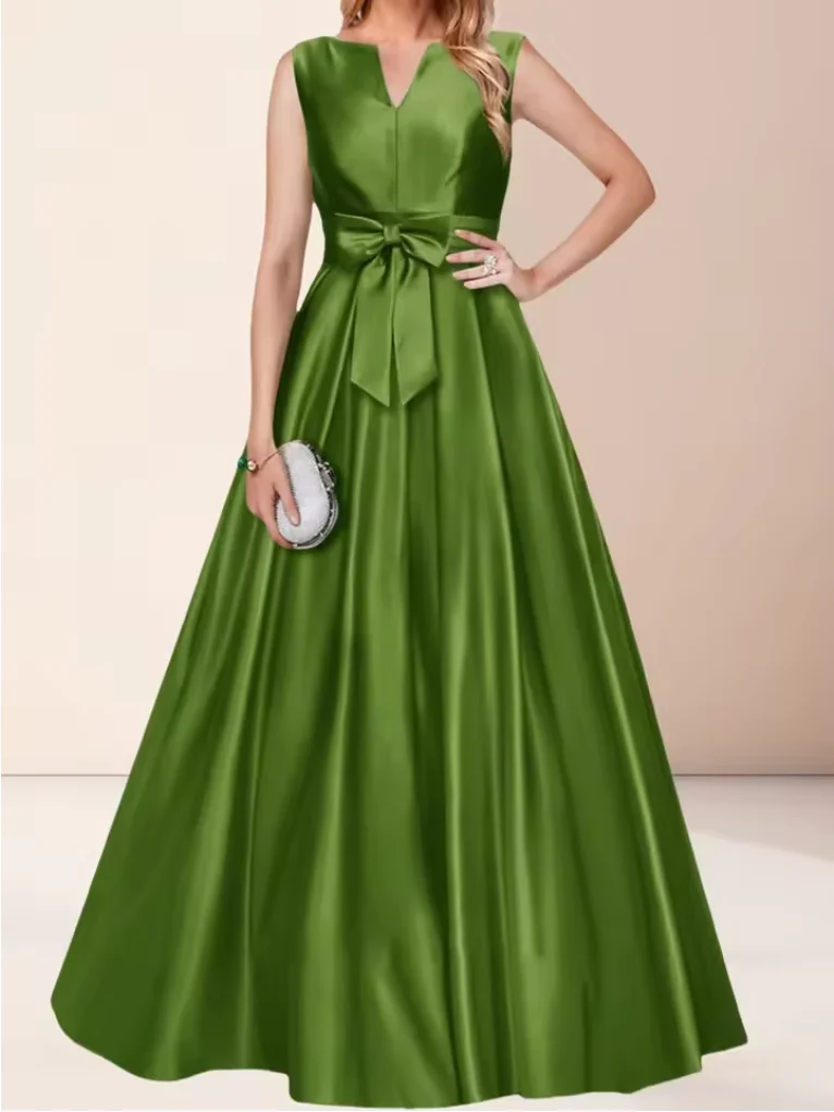 

Simple V-Neck Sleeveless Floor-Length Evening Dress with Bow Tie Decoration for Wedding Banquet And Formal Occasions