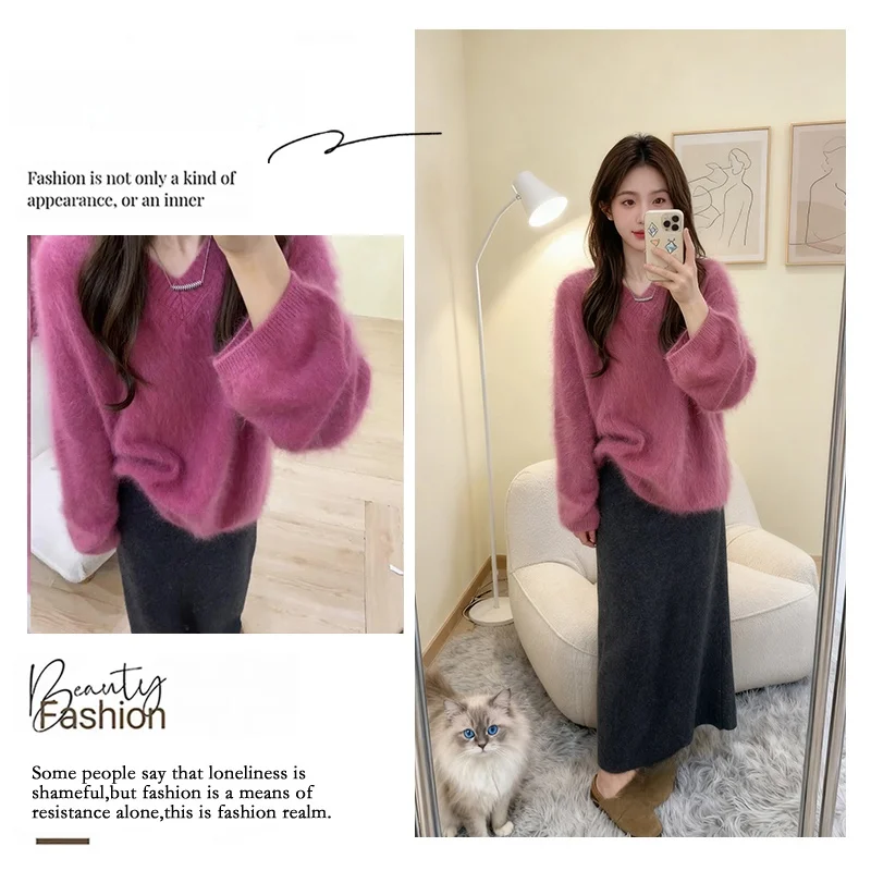 

Ladies' Lazy Sle Knitted Sweater Long Sve Overhead Top High Waist Slimming Skirt Two-Piece Set Autumn Faion Ensemble