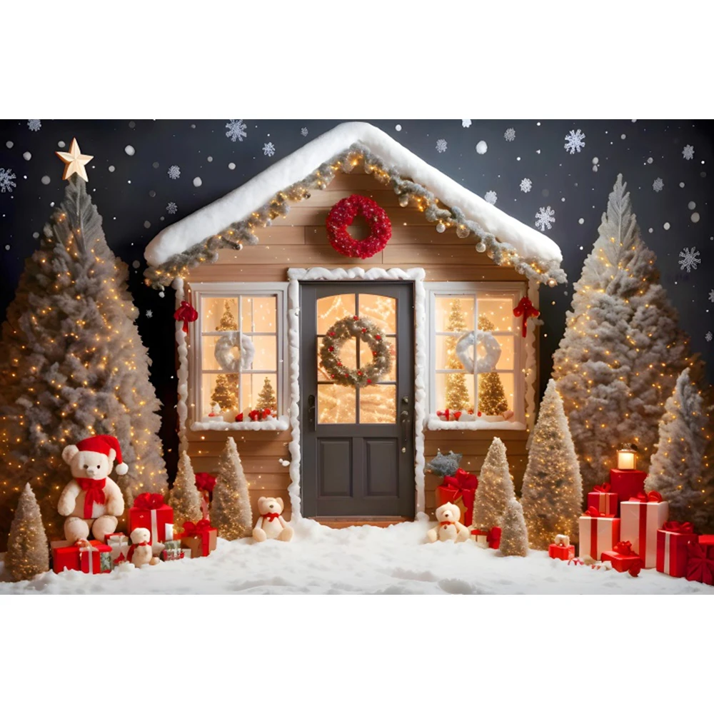 Christmas Windows Bears and Gifts Backdrops Red Curtain Starry Sky Kids Family Photography Baby Photocall Xmas Wall Backgrounds