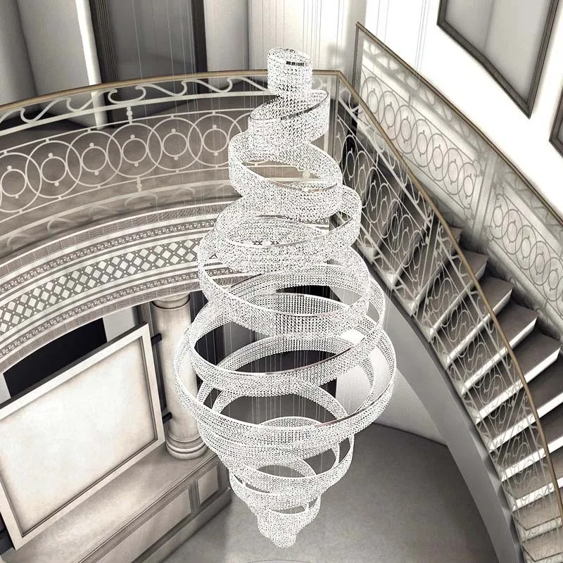 Modern Luxury Staircase Crystal LED Chandeliers Hotel Hall Lobby Large Ring Cristal Hanging Pendant Lighting Chrome Indoor Lamp