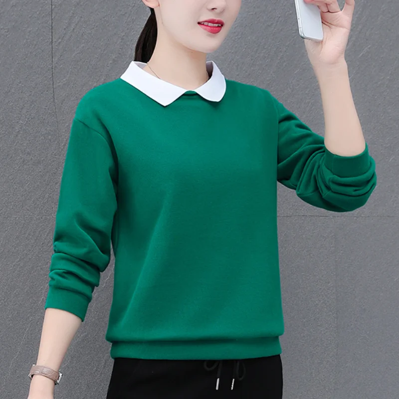 Spring and Autumn Women's Solid Color Combination Polo Neck Long Sleeves Loose Pullers Screw Thread Fashion All Match Tops
