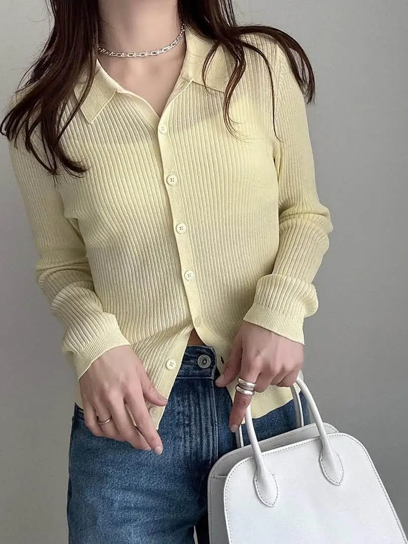 Spring New Women's Soft Ribbed  Neck Knitted Cardigan Long Sleeve Air Conditioning Sweater Top Comfortable Breathable TRAF