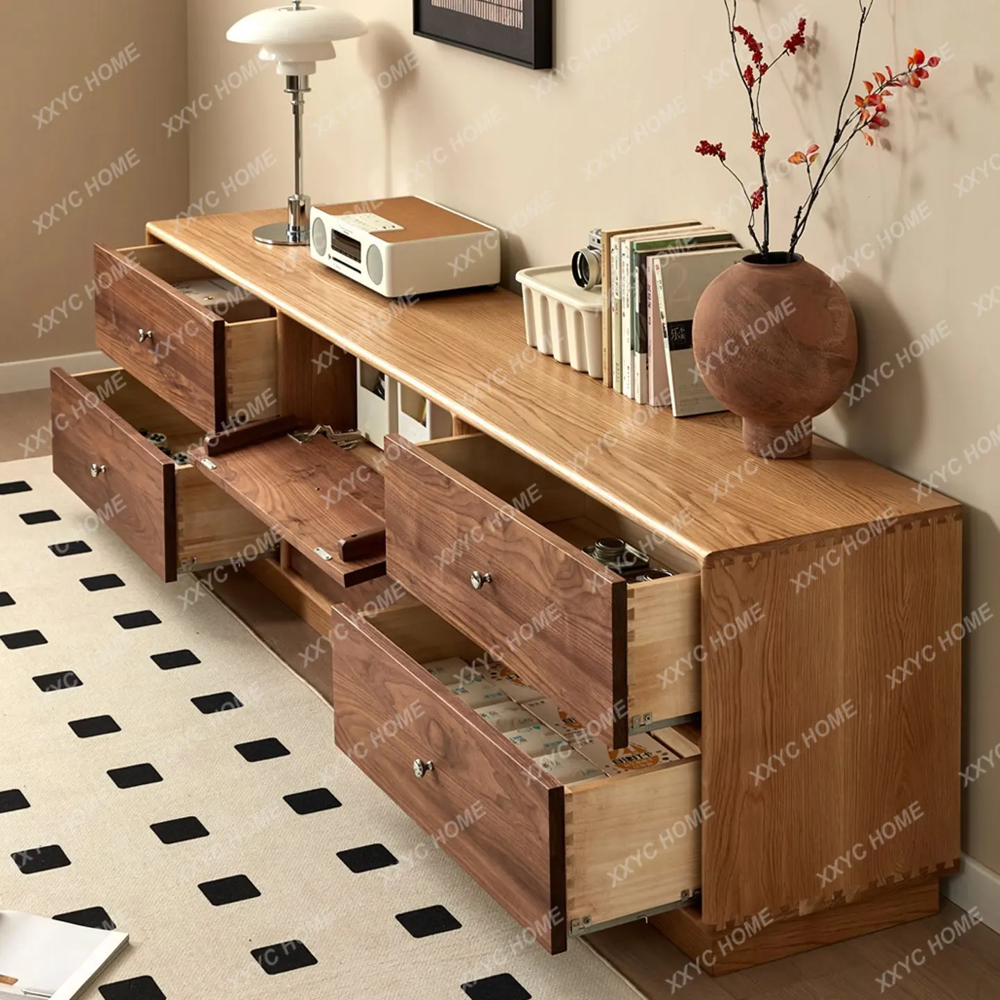 A solid wood white TV cabinet vintage contrast black walnut storage floor-to-ceiling audio-visual cabinet