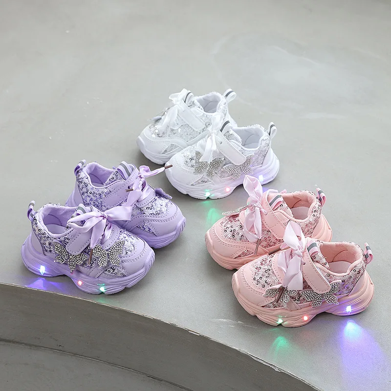

Fashion Girls' Shoes 2026spring New Sequin Kids Sneakers Simple Versatile Rhinestone Girls' Luminous Casual Shoes Tênis Infantil
