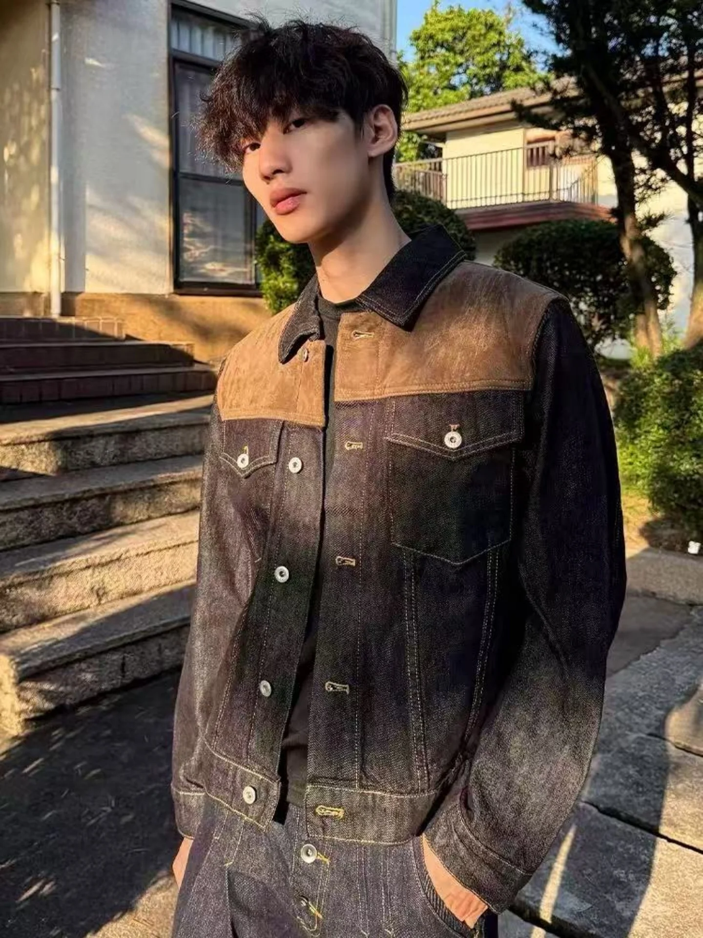 Loose Men's Denim Jacket Autumn Season Color Block Vintage Streetwear Durable Workwear Top Youth Fashion Classic Collar