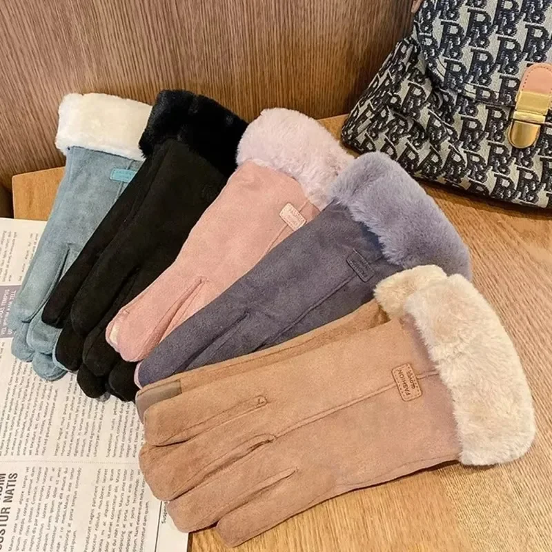 Women Furry Gloves Winter Girls Warm Solid Color Comfortable Full Finger Mittens Outdoor Sport Elegant Gloves Fashion Accessory