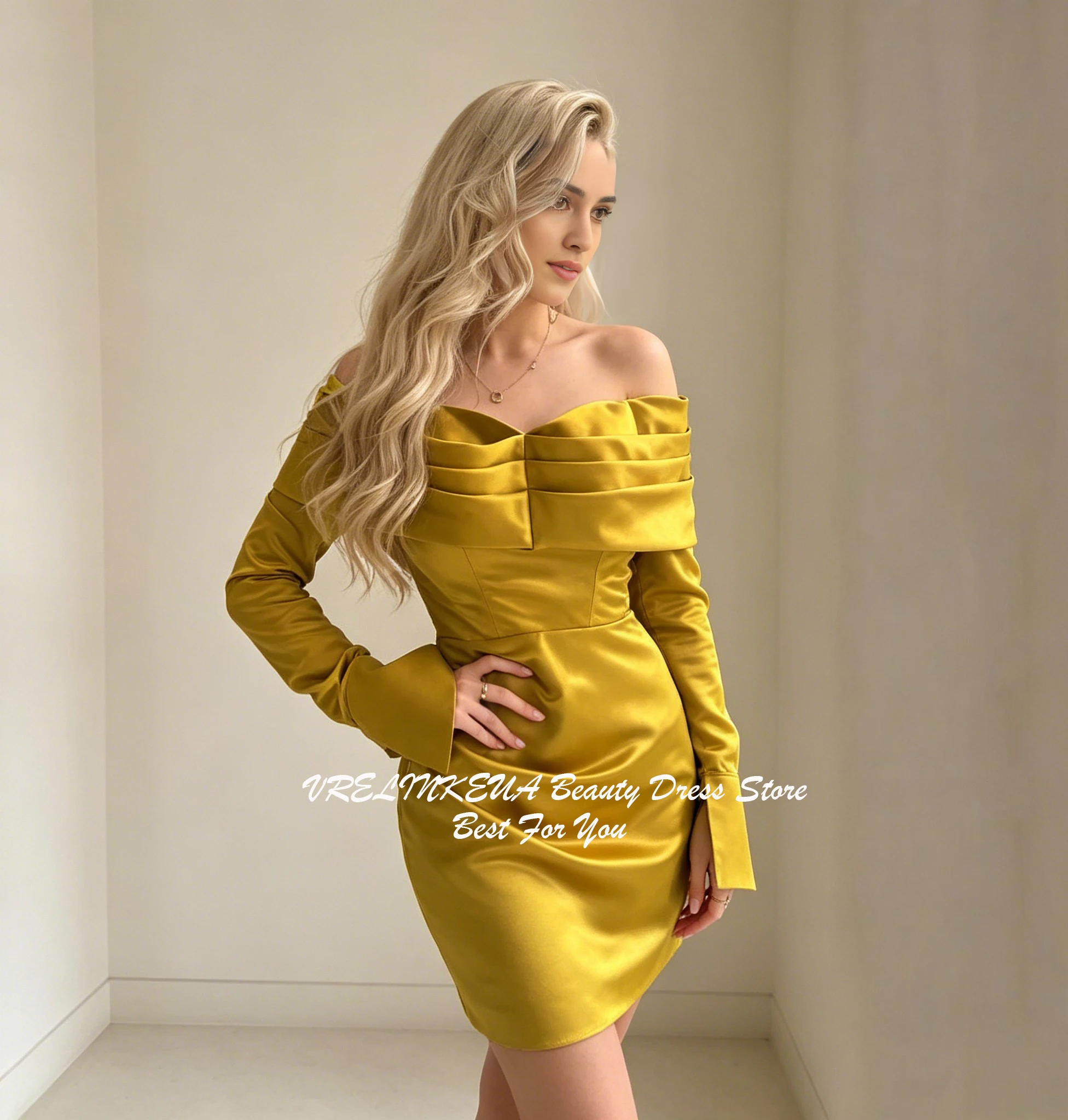 Gold Long Sleeves Mini Graduation Dress Elegant Satin Short Homecoming Dresses For Teens Wedding Prom Dress Customized Выпускное