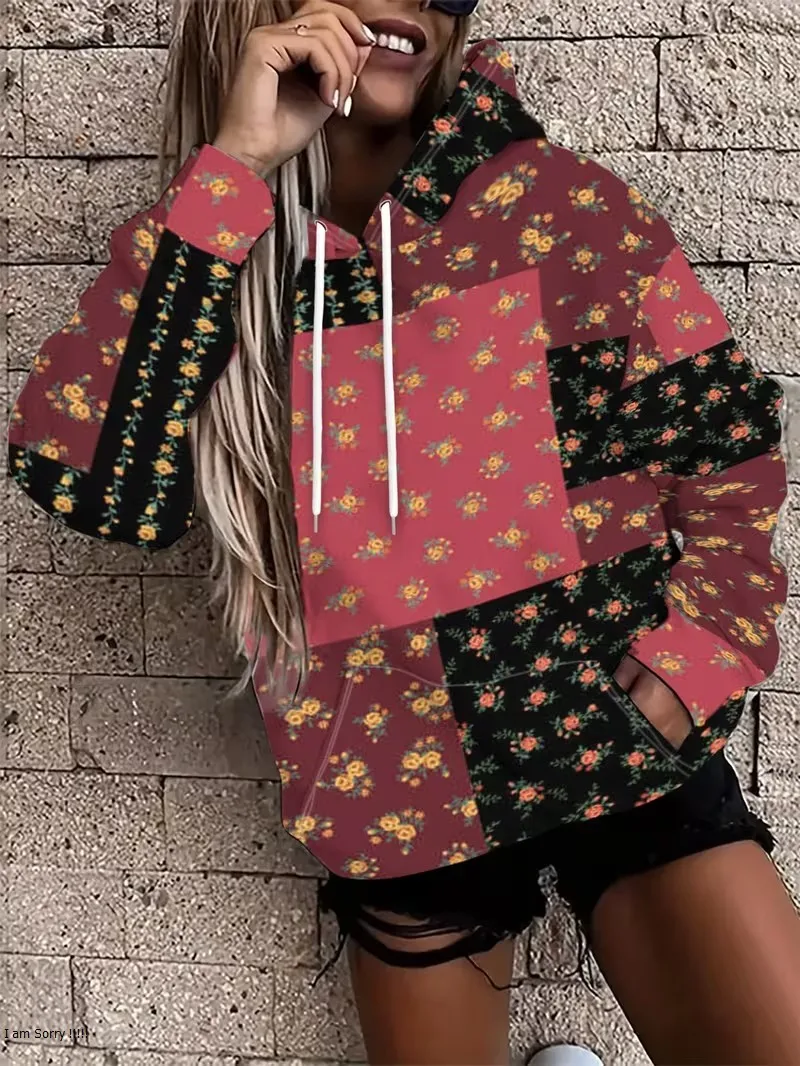 Women's autumn and winter new long sleeved hooded sweatshirt 3D geometric color checkered printed casual sportswear