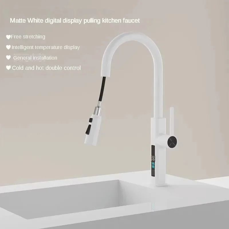 Matt White Kitchen Pull-Out Hot And Cold Water Faucet Brass Single Hole Multi-Functional Universal Splash-Proof Basin Sink Tap