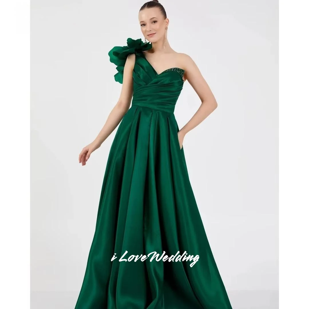 

Green One Shoulder Evening Dresses 2025 Sleeveless 3D Flower Lace-Up A-Line Floor-Length Pleated Wedding Party Dress Customized
