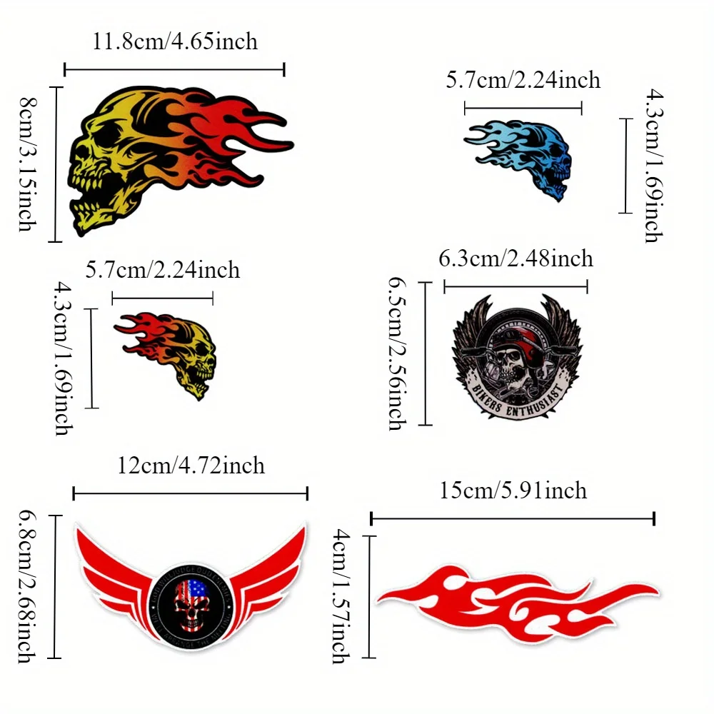 Skull & Flame Biker Stickers Waterproof Vinyl Decals Set Multi-color for Motorcycle Car Helmet Decor