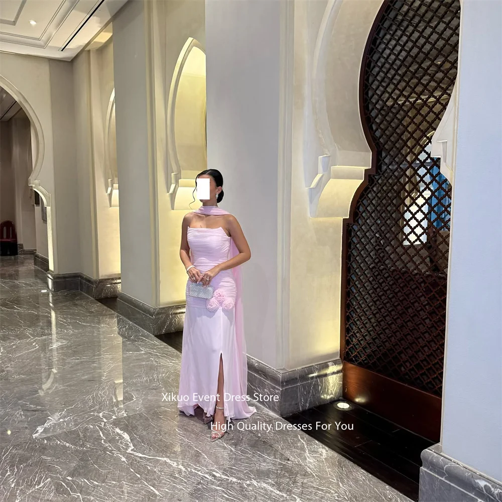 Xikuo Strapless Pink Chiffon Evening Dress 3D Flowers Ruched Prom Dresses Side Slit Straight Vestidos De Fiesta Mujer Customized
