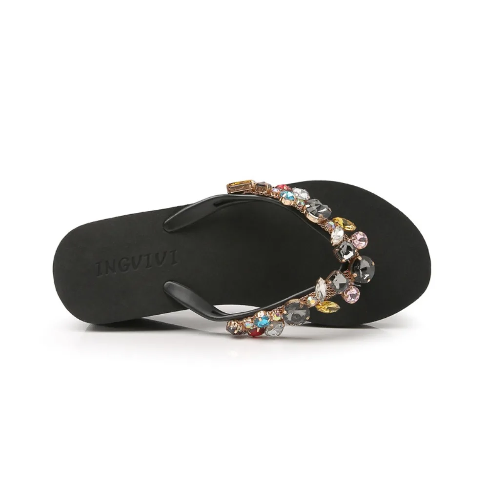 Flip Flops Women's Glass Water Diamond Slippers Women Slope Heel Colored Diamond Toe Slippers Fashion Casual Beach Sandals