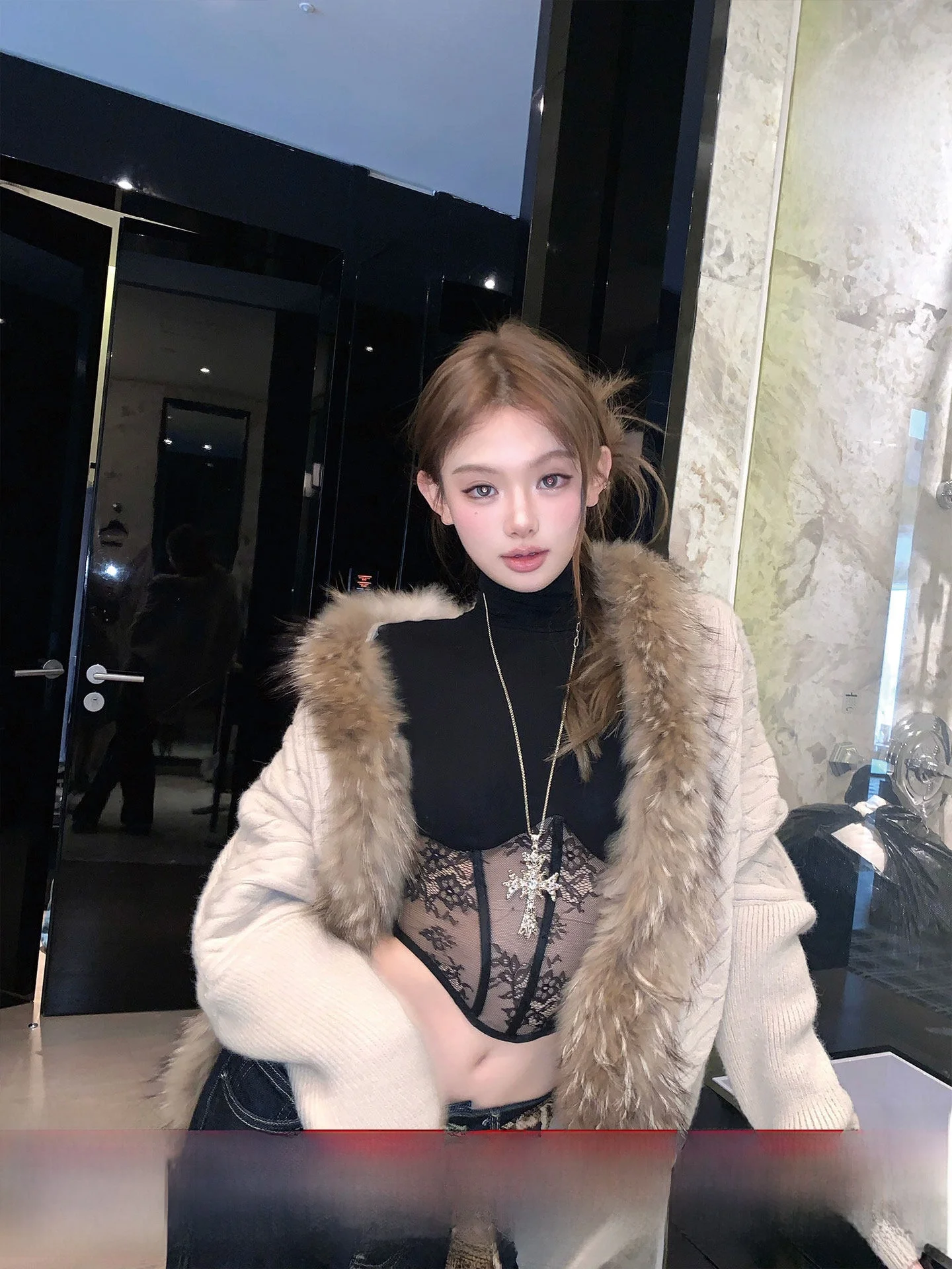 

Okaaay American Retro Knitted Cardigan with Fur Collar Lazy High-End Feelings Lightweight Vintage Sle Women's Outerwear