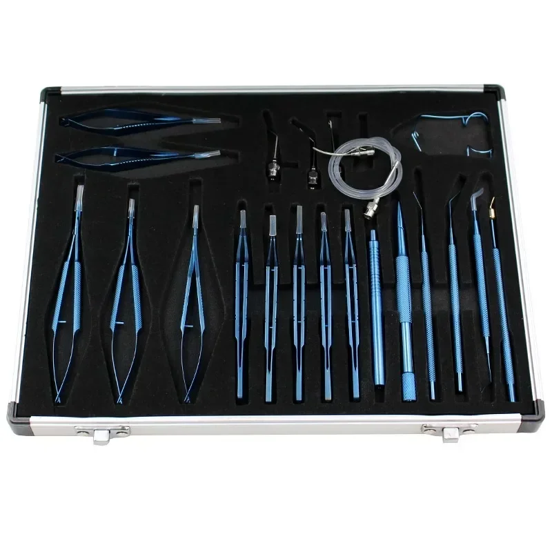 Ophthalmic surgical microsurgical instruments, 21-piece stainless steel and titanium alloy set, including forceps, needle holder