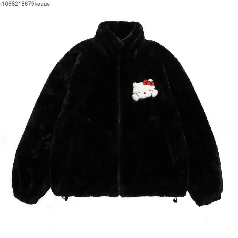 Hello Kitty American Style Retro Plush Cotton Coat Men Women Trendy Cartoon Embroidery Cute Soft Thick Warm Jacket Couple Jacket