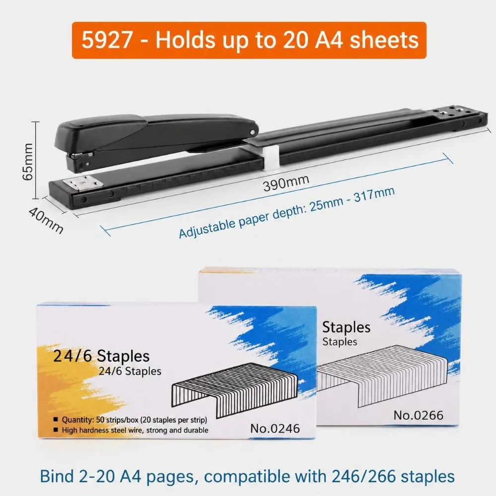 20 Sheets Metal Body Long Reach Stapler 20 Sheet Capacity Adjustable Throat Booklet Stapler Full Strip Black Paper Binder