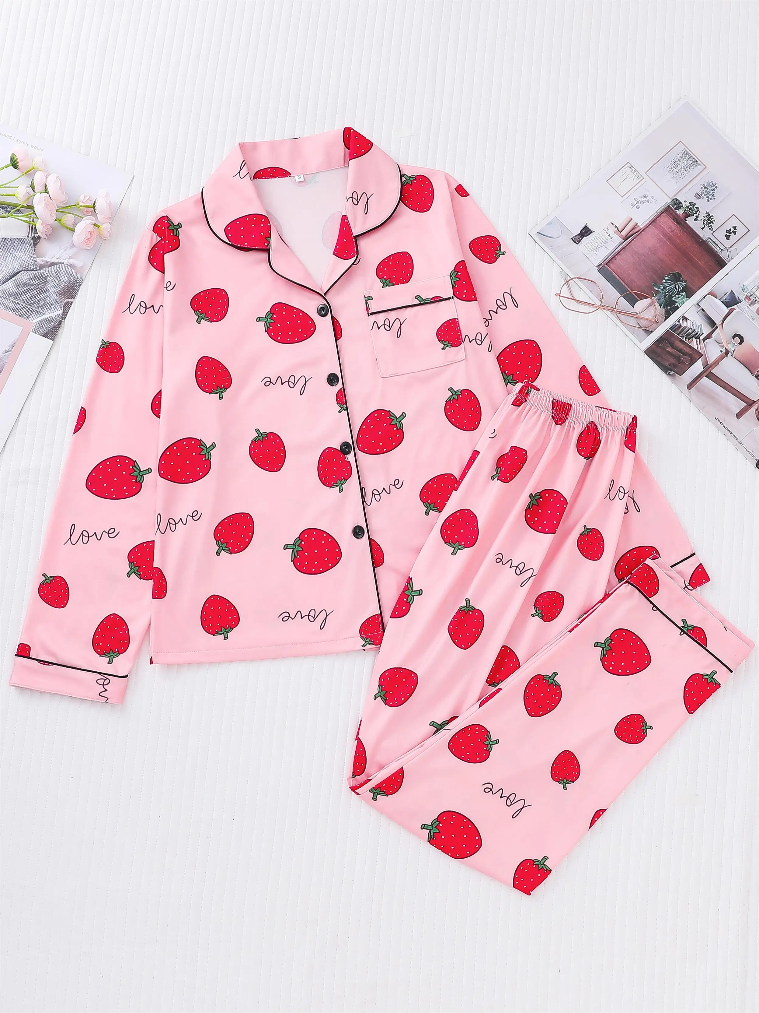 Strawberry heart print pajama set button-down cardigan lapel top loose trousers women\'s loungewear