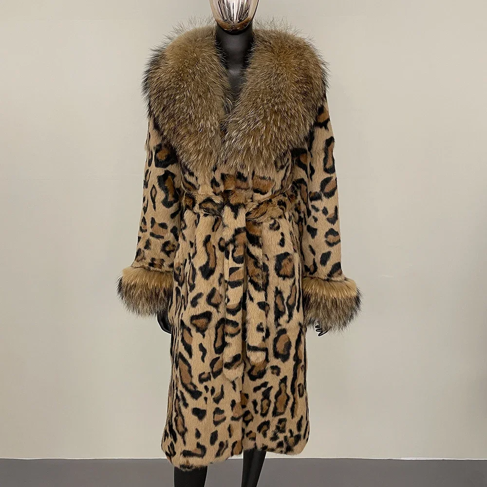 Fashionable Leopard Print Long Fox Collar Fur Jacket One-piece Thickened Warmth 2024 Autumn Winter Real Rabbit Fur Coat Women