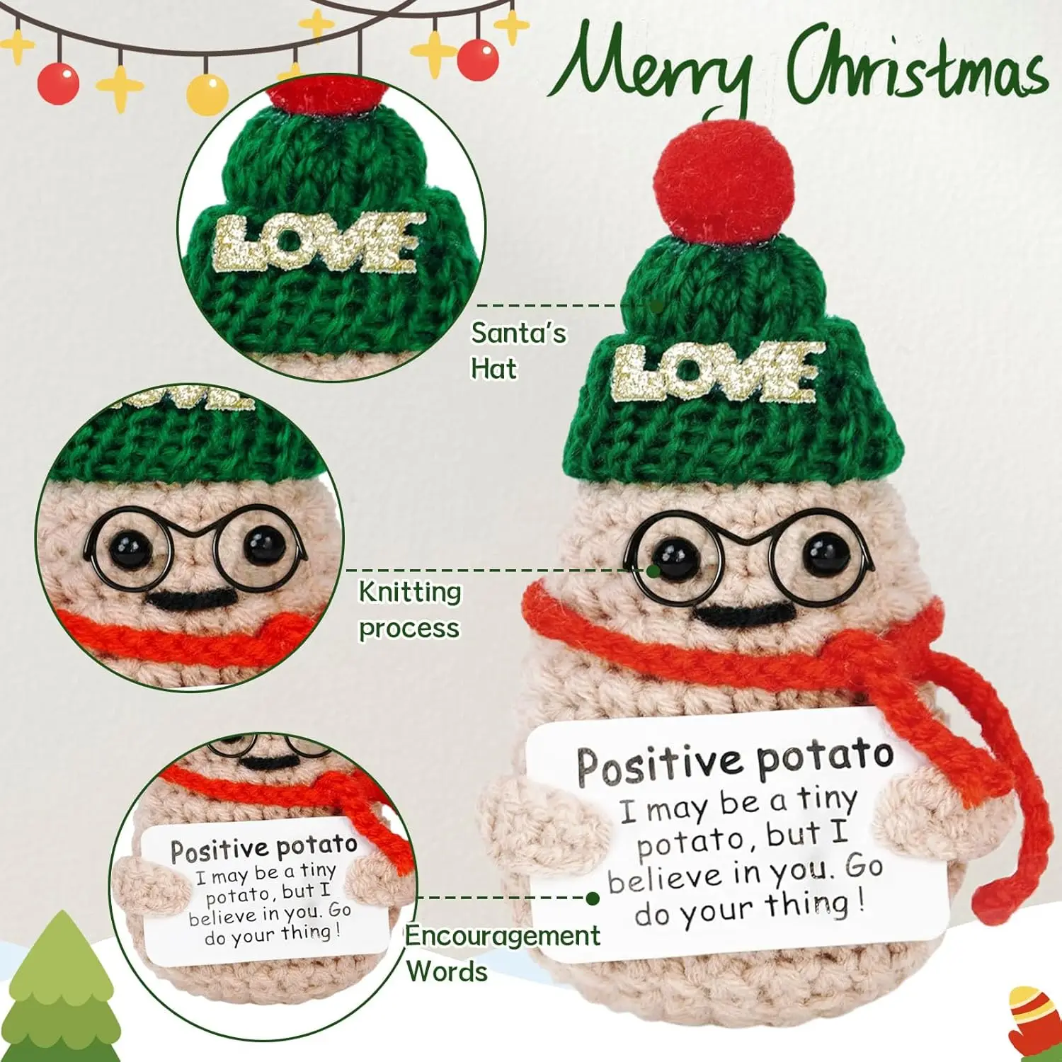 Funny Crochet Positive Emotional Xmas Potatoes Dolls With Card Cute Handmade Wool Knitted Potato Ornament Home Christmas Decor