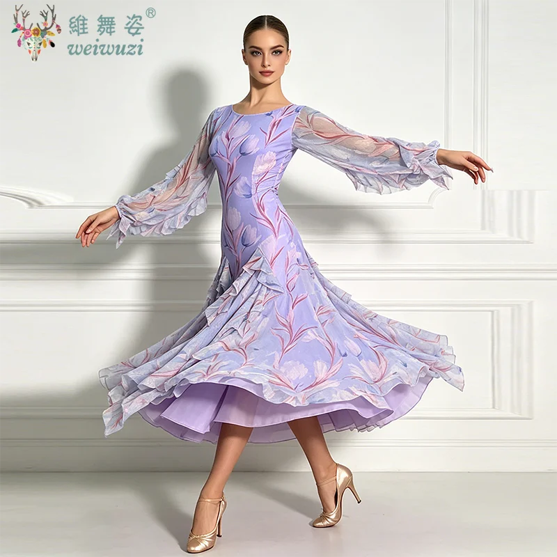 Women's Elegant Purple Print Modern Ballroom Dance Dress Long Flare Sleeve Waltz Modern Tango Stage Competition Practice Dress