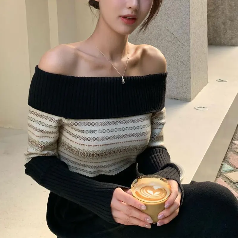 

Fair Isle Aura Slash Neck Slim Sweaters Autumn Winter Vintage Striped Female Clothing French Style Patchwork Knitted Pullovers