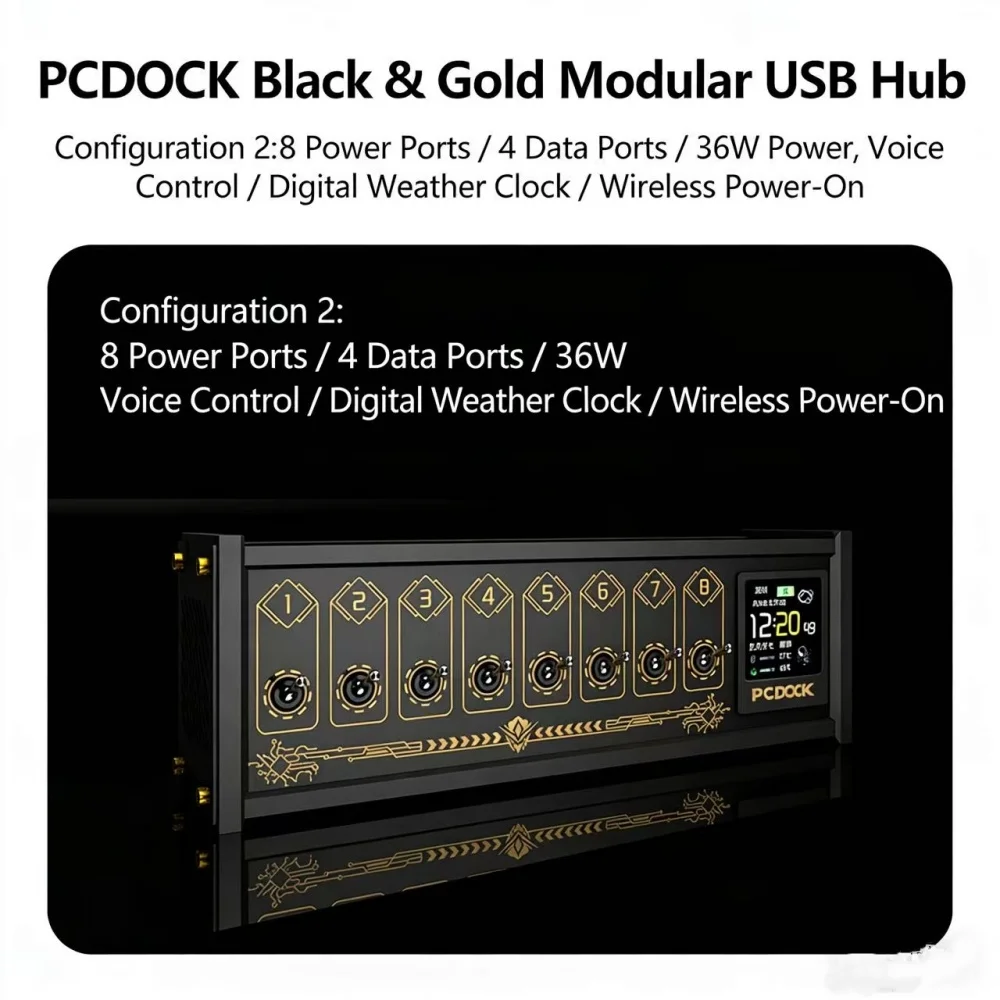 PCDOCK Block USB Desktop Power Strip with Switch Wireless Power on Tech Style Desk Setup Block Design for Desktop Organization