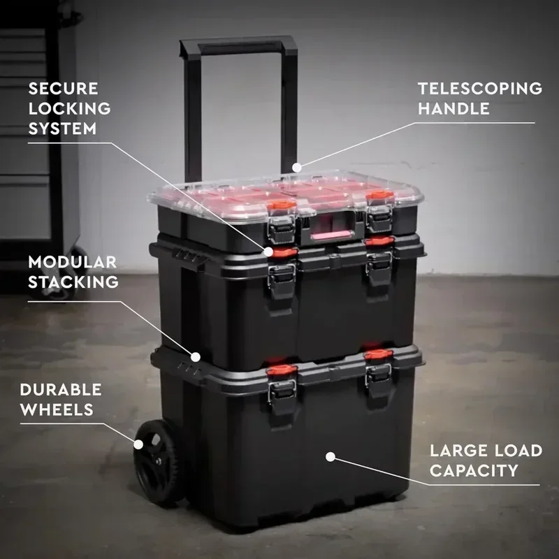 Tool Box Mobile Tool Storage and Organization 3 Piece Resin Modular Toolbox System Durable and Lightweight Construction