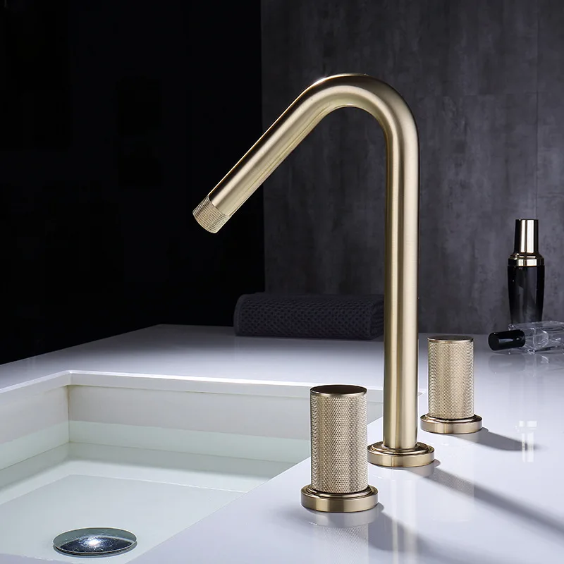 

3 Hole 2 Handle Deck Mount Brushed Gold Brass Widespread Bathroom Basin Faucet Knurling & Spout