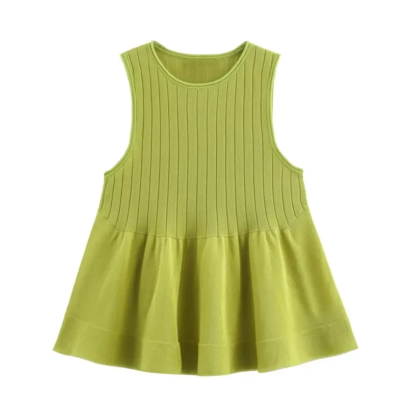 

Women's round Neck Sleeveless Vest Loose Knitted Solid Color Pleated Casual Slim Commuter Top Splicing Pullover Short