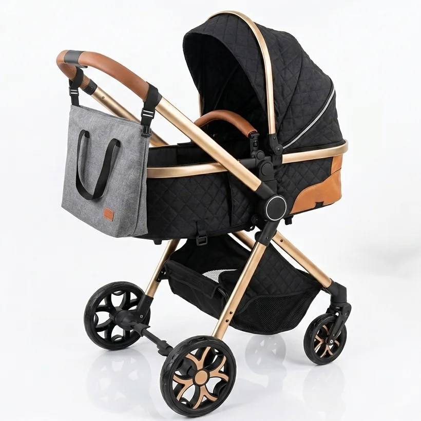 Poussette bébé 3 en 1 combinée landau système de voyage avec siège auto cadre en aluminium léger pliable facile à transporter position haute dossier inclinable siège réversible roues tout terrain avec suspension capote pare soleil anti UV Bebe
