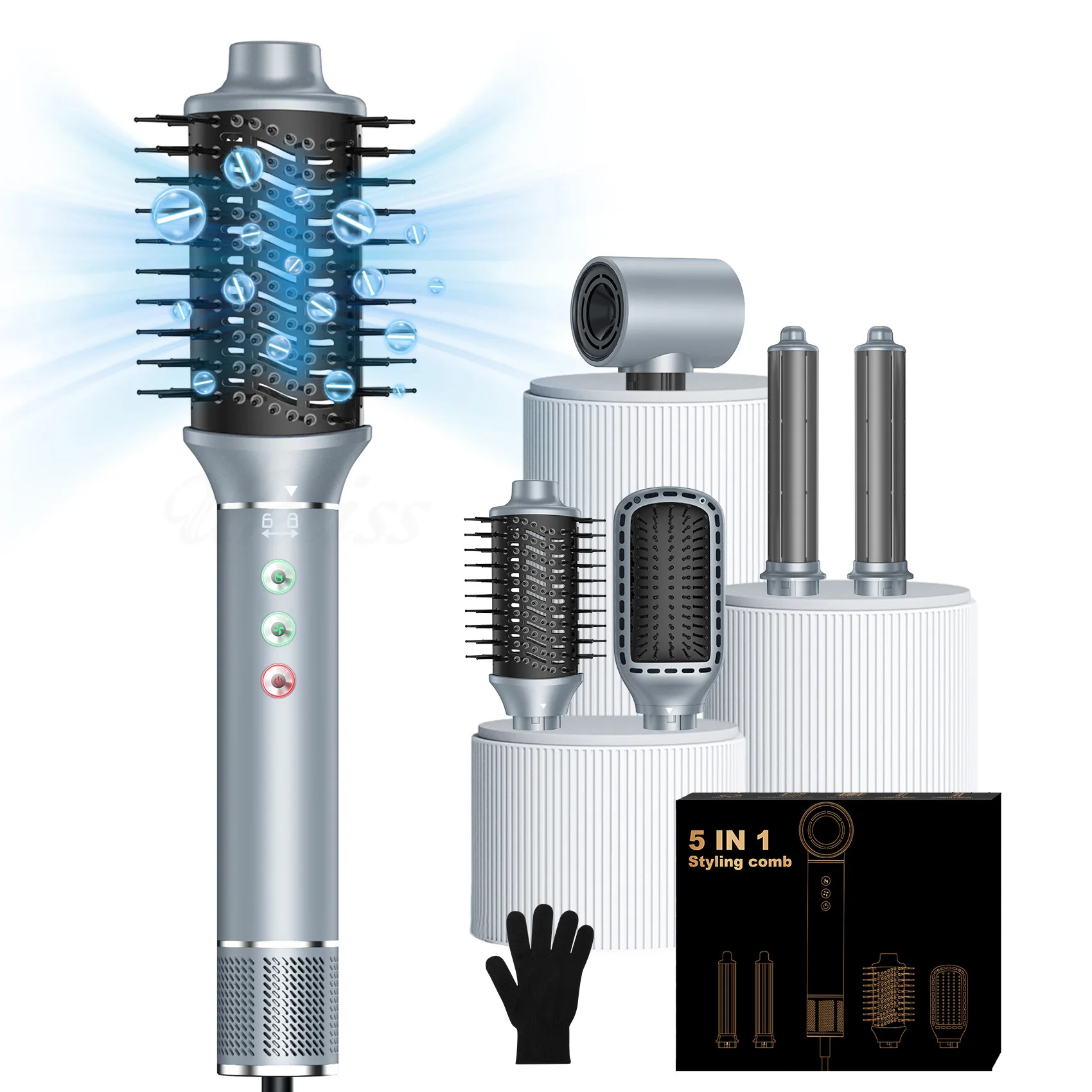 Heißverkaufter Heißluftkamm 5-in-1 multifunktionaler automatischer Lockenstab für glattes Haar, Negativ-Ionen-Hochgeschwindigkeits-Haartrockner-Set