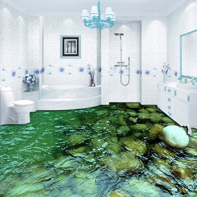 Custom 3D Flooring Vinyl Wallpaper Natural Scenery Stone Water Bathroom Kitchen Floor Sticker Painting PVC Waterproof Wallpaper