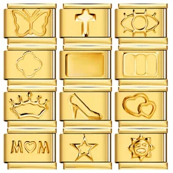 URING New Fashion Gold Color Loving heart Flower Butterfly Italian Charm Link Fit 9mm Stainless Steel Bracelet  DIY Jewelry