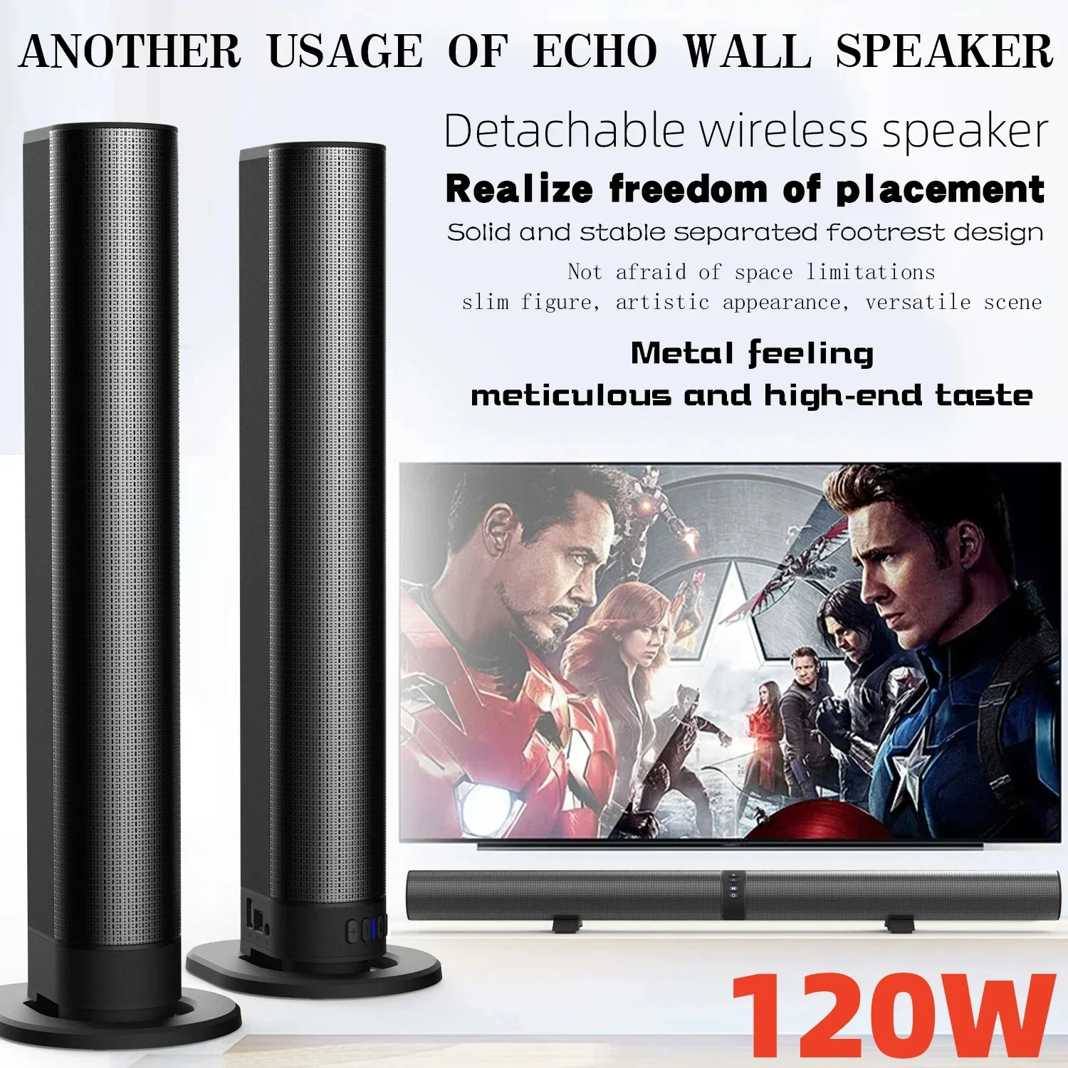 120W TV Bluetooth Speakers HDMI/AUX/BT/OPT/FM Connections Soundbars with 2-in-1 Detachable Home Cinema Shengba Sound System