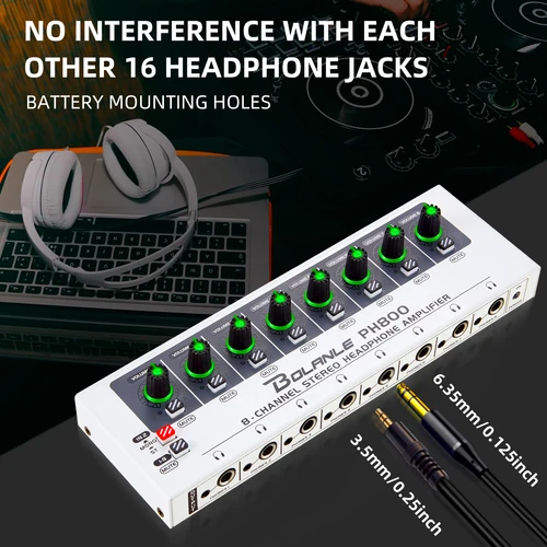 Imagen 2 del producto Bolanle PH800 Amplificador de auriculares estéreo de 8 canales/sistema de distribución Empuje máximo de auriculares de 600 ohmios Iluminación RGB