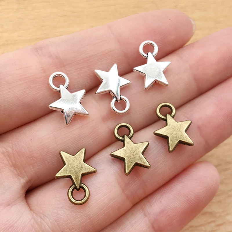 50pcs Vintage Tibetan Bronze Silver Color 12x9mm Handmade Star Charms Craft Pendant for DIY Bracelet Necklace Jewelry Making